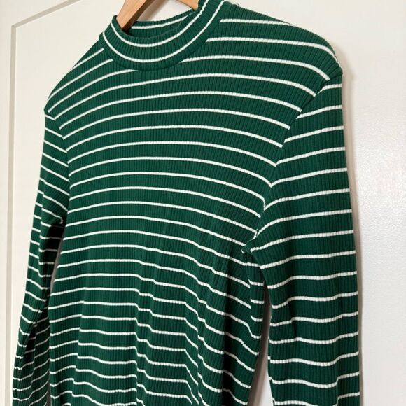 Uniqlo Shirt Womens Sz M Green White Striped Ribbed Long Sleeve Pullover Stretch - Picture 2 of 12